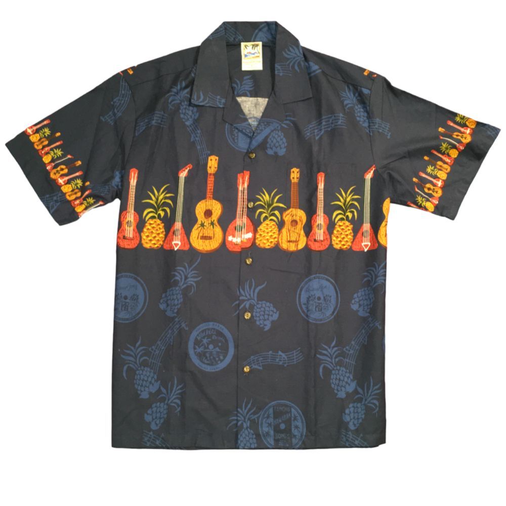 Vtg Hawaiian Togs Mens Shirt Guitars and Pineapples Aloha Navy Blue USA Sz L euc